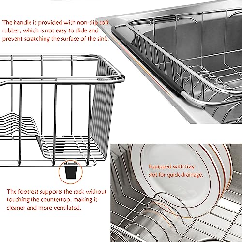NiuYichee Stainless Steel Dish Drying Rack(15"L X 11"W X 4.1"H), Expandable Fruit & Vegetable Drain Rack over Sink, Dish Drainer Rack in Sink, with Stainless Steel Utensil Holder & Silicone Mat(16") - size: Large【15" X 11"】