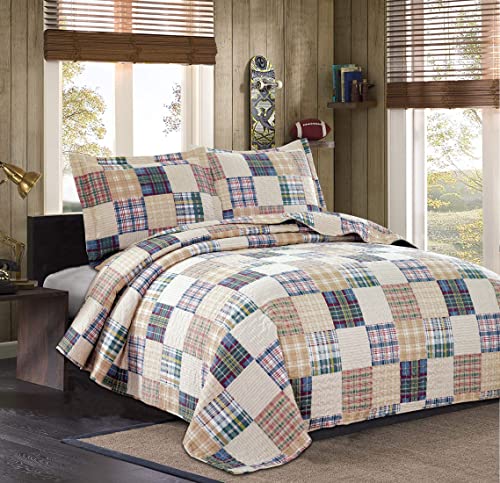 Plaid Collection King Size Quilt Set - Lightweight Reversible Bedspread with Pillow Shams, Beige - color: Beige Plaid, size: King