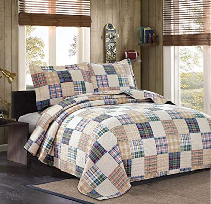 Plaid Collection King Size Quilt Set - Lightweight Reversible Bedspread with Pillow Shams, Beige - color: Beige Plaid, size: King