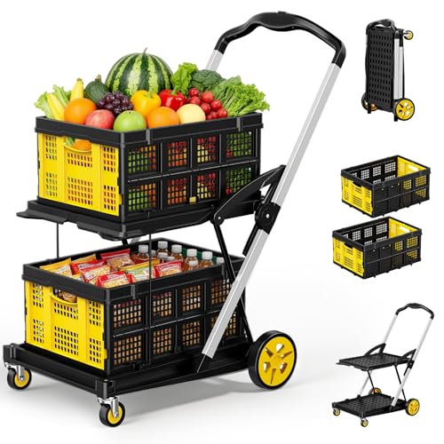 200LBS Collapsible Shopping Cart with 2 Storage Crates, 8-in-1 Portable Foldable Utility Cart with Foot Brake for Picnic, Supermarket, Grocery, Office, Outdoor, Yellow - color: Light Yellow