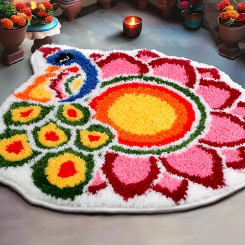 Drydiet 20 Inch Diwali Rangoli Mat Decorations Indian Diwali Door Mat for Home Peacock and Petals Decoration Non Slip Washable Rug for Indian Traditional Pooja New Year Entrance Gift - style: Rangoli