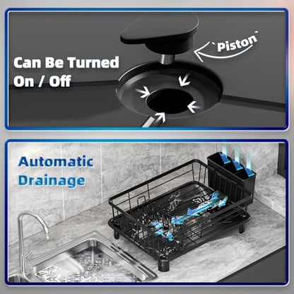 GAOKASE Dish Drying Rack, Stainless Steel-Dish Rack, Dish Racks for Kitchen Counter, Kitchen Dish Drainers with Removable Utensil Holder,New Drain Outlet,Plate Rack and Drainboard (Black 3) - color: Black 3