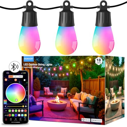 Outdoor String Lights APP Control with Remote, 64(52+12) ft RGB+IC+Warm White Outdoor Lights 18 LED Bulbs Music Sync for Garden Party Decor Christmas - size: 64FT S14-RGB Smart IC