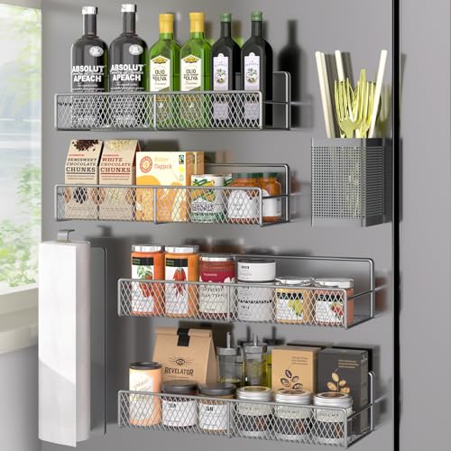 Magnetic Spice Rack for Refrigerator, 6 Pack Metal Magnetic Shelf Grey, Moveable Spice Organizer, Strong Magnetic Storage Fridge Organizer with Paper Towel Holder, Utensils Holder - color: Grey, style: 6 Pack