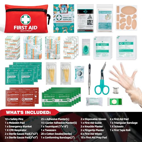 General Medi Mini First Aid Kit, 110 Piece Small First Aid Kit - Includes Emergency Foil Blanket, Scissors for Travel, Home, Office, Vehicle, Camping, Workplace & Outdoor (Red) - size: 110 Piece Set