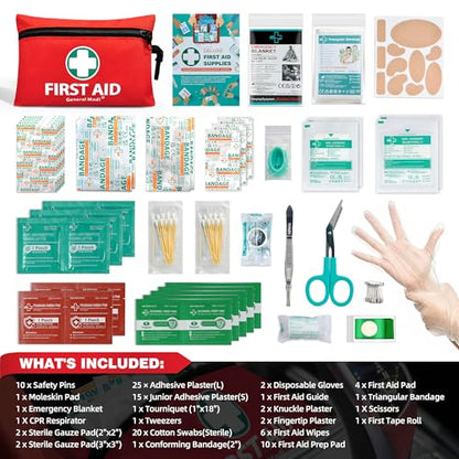 General Medi Mini First Aid Kit, 110 Piece Small First Aid Kit - Includes Emergency Foil Blanket, Scissors for Travel, Home, Office, Vehicle, Camping, Workplace & Outdoor (Red) - size: 110 Piece Set