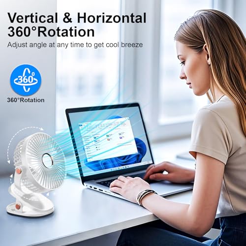 iNeibo 4000mAh Portable Clip on Fan with LED Lights, Battery Operated USB Desk Fan,4 Speed Quiet Rechargeable Mini Table Fan, 360° Rotate Personal Cooling Fan for Home Office Stroller Camping (White) - color: White