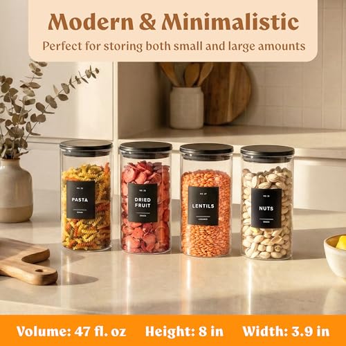 EDELHAUS Glass Storage Containers with Black Lids [4x40oz] Extra Thick Glas with 54 Labels - Canister For Pantry Noodles Flour Cereal Rice Sugar Tea Coffee Beans - Round Set - color: 4x40oz - Black Lids