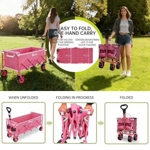 Extra Long Collapsible Wagon Cart, 480LBS Heavy Duty Utility Wagons with All-Terrain Wheels, Foldable Grocery Carts for Gardening, Shopping, Beach, Camping, Rose Pink - color: Rose Pink