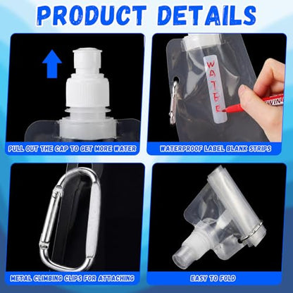 Teenyyou 24 Pack Collapsible Water Bottles Bulk 16oz Foldable Water Bottles with Carabiner Reusable Drinking Leak Proof Container Bags for Sport Biking Hiking Camping Travel Outdoor (Transparent) - color: Transparent