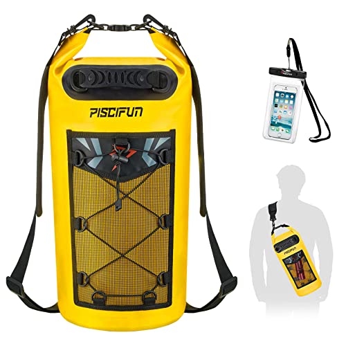 Piscifun Dry Bag, Waterproof Floating Backpack 10L/20L/30L/40L with Waterproof Phone Case for Boating, Kayaking, Fishing - color: Yellow, style: 10l