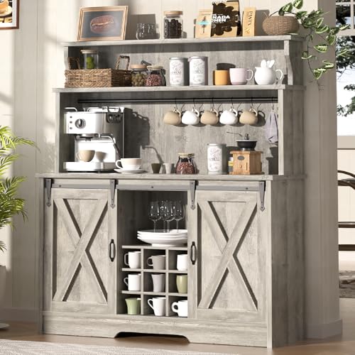 BestHaped Farmhouse Coffee Bar Cabinet with 3 Tier Storage Hutch, 47'' Coffee Bar Station with Sliding Barn Door, Hutch Storage Cabinet with 9 Wine Racks & 9 Hooks for Kitchen Dining Living Room - color: Grey, size: 47 Inch