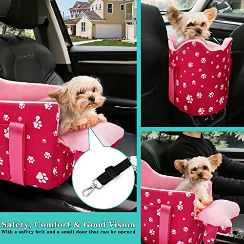 Center Console Dog Car Seat for Small Dogs Under 15 lbs - Detachable Washable Carrier with Safety Belt & Storage Pockets, Pink - color: Rose Red