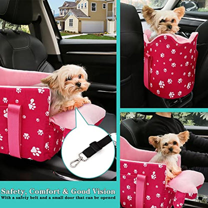 Center Console Dog Car Seat for Small Dogs Under 15 lbs - Detachable Washable Carrier with Safety Belt & Storage Pockets, Pink - color: Rose Red