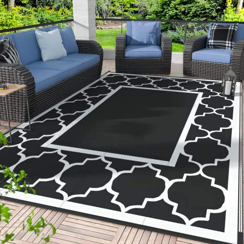 GENIMO 6' x 9' Outdoor Rug Waterproof for Patio Decor, Foldable Reversible Plastic Straw Area Rugs Mat for Camper, Morden Carpet for Outside, Rv, Deck, Porch, Picnic, Beach, Balcony, Black & White - color: Black&white, size: 6' x 9' (Rectangular)