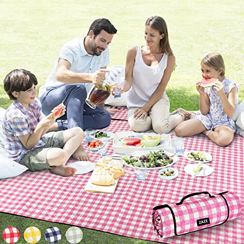 ZAZE Picnic Blanket Waterproof Sandproof, 80''x80'' 3-Layer Cute Compact Extra Large Machine Washable Foldable Beach Mat, Big XL Outdoor Blankets for Spring Summer Camping, Park, Grass(Pink and White) - color: Pink and White