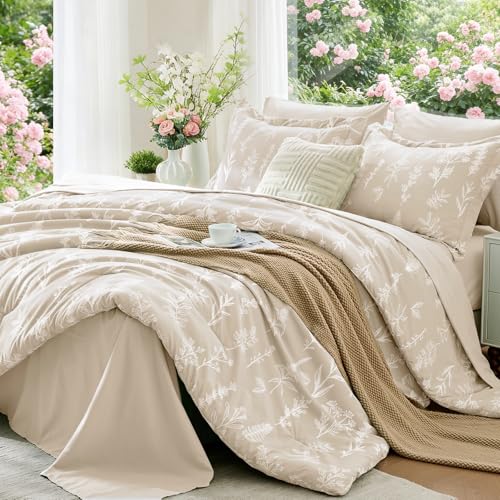 MUXHOMO Beige Full Comforter Set, Elegant Floral Print Bed in a Bag 7 Pieces, Ultra Soft & Breathable Reversible Botanical Pattern Bedding Set with Comforter, Sheets, Pillowcases, and Shams - color: Beige Leaves, size: Full(82"x86")