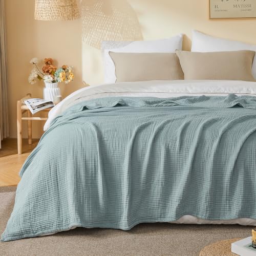 EMME Cotton Muslin Throw Blanket Couch Breathable Gauze Blanket Soft Lightweight Adults (Heather Teal, 50"x60") - color: 01 - Teal, size: Throw (50" X 60")