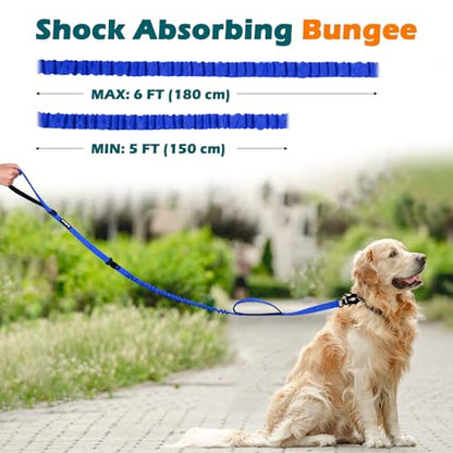 PetBonus Heavy Duty Tactical Dog Leash, 5 FT Bungee Shock Absorption Leash with 2 Padded Handles, Quick Release Metal Clip, Car Seatbelt, No Pull Training Lead for Large Medium Dogs（Blue） - color: Blue