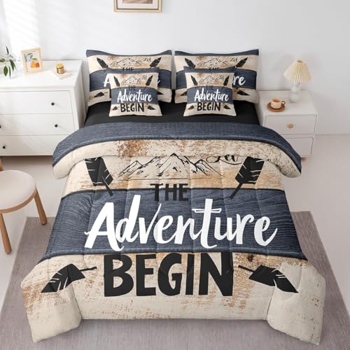 Erosebridal Happy Camping Bedding Set King Camper Comforter Set 7 Piece for Camper Car,Rustic Farmhouse Bed in A Bag Set with Sheets,Rv Bunks Accessories for Travel Trailers - color: Black Navy Brown, size: King