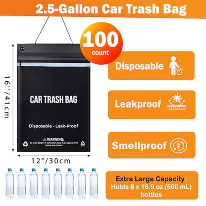 100 Count Recycled Disposable Car Trash Bags - 2.5 Gallon Heavy Duty Alternative to Bulky Car Trash Can & Car Garbage Can, Leakproof Smellproof Hanging & Stick-On Garbage Bag for Car, SUV, Truck - color: 100 Count(Black)