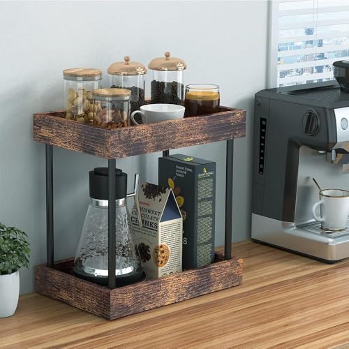 mahueeol 2 Tier Bathroom Organizer Countertop, Wooden Bathroom Trays for Counter Vanity Organizer Cosmetic Storage Vanity Organizer, Coffee Station Organizers, Kitchen Spice Rack - style: Retro