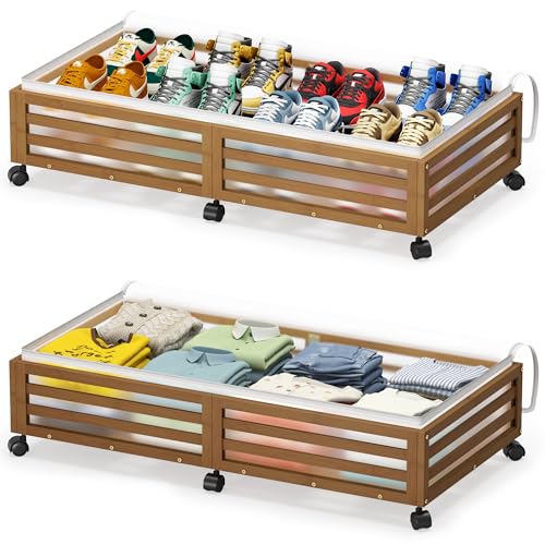 Under Bed Storage with Wheels-Large Bamboo Underbed storage Containers with Large Dust Bag Stackable Under the Bed Shoe Storage Bins for Clothes Books Bedding (2 Packs walnut, 33.07"L×16.54"W× 6.5"H) - color: 2 Packs Walnut, size: 33.07"L×16.54"W× 6.5"H