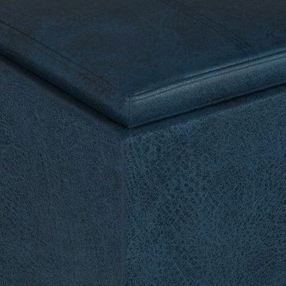 SIMPLIHOME Rockwood Cube Storage Ottoman with Tray - 17" Wide x 17" High Upholstered Vegan Leather Square Storage Ottoman in Distressed Dark Blue, Contemporary Cube Ottoman with Serving Tray - color: Distressed Dark Blue