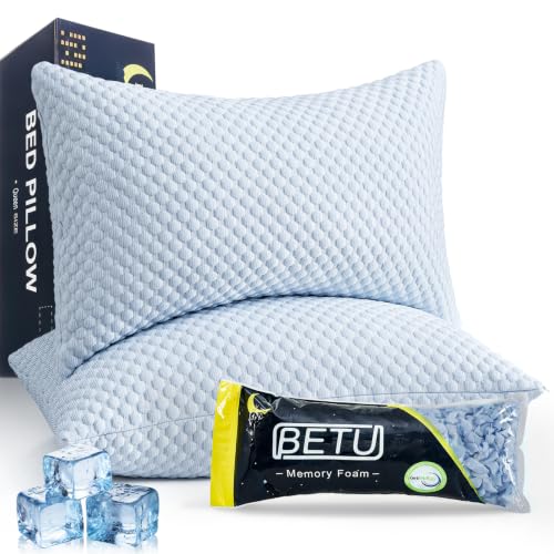 BETU Cooling Pillow Queen Size Set of 2, Breathable Shredded Memory Foam Cool Pillow for Hot Sleepers, Adjustable Soft Support Pillows for Side, Back, Stomach Sleepers, 3D Honeycomb Breathable Cover - color: Sky Blue, size: Queen Size Pack of 2