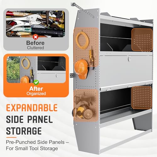 Cargo Van Shelving with Lockable Door Kits,Fit Transit, Nv, Promaster,Sprinter Mid/High Roof,Adjustable Heavy-Duty Steel Van Shelving Storage System W/Hooks & Ropes,52" W X 60" H X 13" D