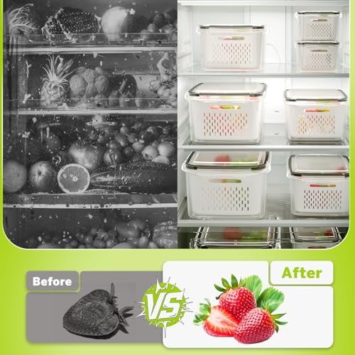 HOMETALL 5 Pack Fruit Storage Containers for Fridge, Plastic Fruit Containers for Fridge with Removable Colanders, Leakproof Fridge Organizers and Storage for Berry Vegetable Salad Lettuce Meat Food - size: 5 Pack