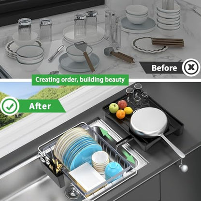 LEMIKKLE Sink Dish Drying Rack - Expandable Small Dish Rack Over Sinks with Drying Tray, Dish Drainer for Kitchen Counter with Cutlery Holder, Drying Rack Fit for 14’’-19’’ Kitchen Sink - color: Gray + Expandable Rack