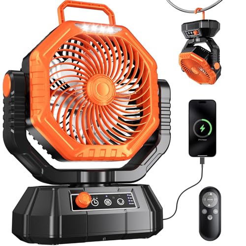 HAWANA Oscillating Camping Fan with Light and Remote, Battery Powered Hanging Tent Fan, Portable Rechargeable Fan for Outdoor, Camp, Fishing, RV Travel, Emergency Power Outage and Jobsite - color: Sun Orange