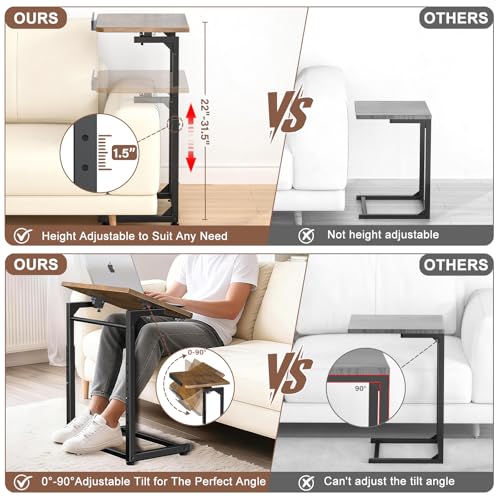 IHAITUN Tv Tray Table, Adjustable Height Couch Narrow Side Table,90° Tilt Angle Foldable End Table, Laptop Table with Phone & Tablet Slot Dinner Tray Desk for Living Room Table Sets (Brown) - size: 1 Pack