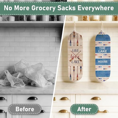 2Pcs Lake House Plastic Bag Holder for Kitchen Essentials, Reusable Hanging Grocery Bag Organizer, Washable Large Grocery Trash Bags Storage Dispenser Lake House Decor for the Home - style: Lake House