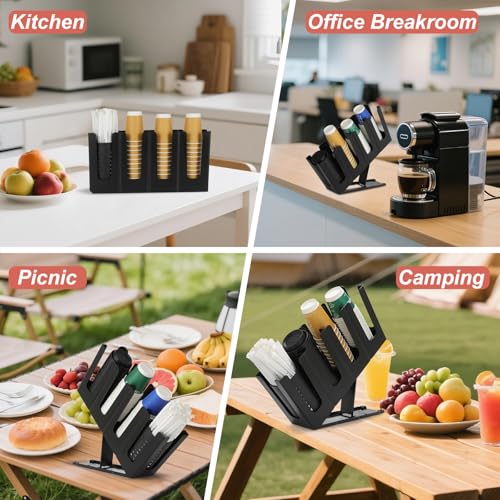Paper Cup and Lid Holder with Straw Organizer,4 Compartment Adjusting,Coffee Cup Dispenser for Countertop,Coffees Station,Bar Restaurant,Black