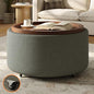 30'' Round Storage Ottoman Coffee Table with Walnut Tray, Round Ottoman with Storage, Modern Upholstered Coffee Table with with 4 Casters for Living Room, Linen Fabric, Dark Grey - color: Dark Grey