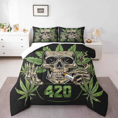 Erosebridal Boho Leaves Comforter Set, Sugar Skull Bedding Set Full Size, Bohemia Leaves Duvet Set for Kids Teens Adult, Skeleton Bones Bedding Comforters with 2 Pillow Cases, Black Green - color: Multi 26, size: Full