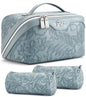BOYATU Travel Makeup Bags Cosmetic Organizer Bag: 3 Pcs Set Large Capacity Floral Make up Bag with Compartments - Waterproof Leather Toiletry Bags with Handle for Women (01-Light Blue) - color: 01-Light Blue