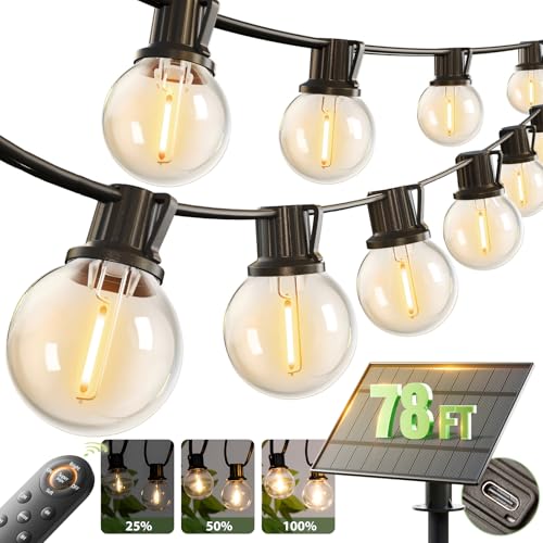addlon 78FT(72+6) Solar String Lights with Remote, 38 Shatterproof G40 Bulbs, Commercial Grade Solar Powered Outdoor Lights, Dimmable Waterproof Solar Lights Outdoor, for Outside Porch Backyard House - size: 72FT