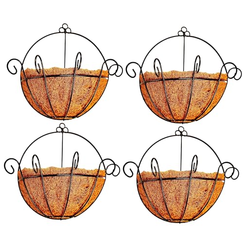 Shoplala Wall Planters for Outdoor Plants (4 Pack, 10 Inch) Metal Black Wire Flower Baskets with Coco Liner, Fence Hanging Planter Balcony Over Deck Porch Railing Rail Patio Modern Herb Outside Garden - size: 10" (25cm) x 4 Pack