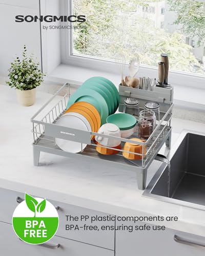 SONGMICS Dish Drying Rack, Kitchen Dish Rack with Drainboard, 360° Rotatable and Extendable Spout, with Cutlery Holder, 12.2 x 16.5 x 7.3 Inches, Dove Gray UKCS550G01 - color: Dove Gray, style: with Drainboard