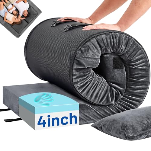 Memory Foam Camping Mattress Pad with Pillow - Extra Thick 4 Inch Sleeping Pad for Camping, Waterproof Roll Up Cot Mattress Topper Bed Mat for Car Truck Tent RV, with Storage Bag - color: Dark Gray, size: Queen: 80*60*4"