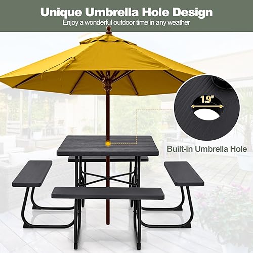 Tangkula 8 Person Picnic Table, Outdoor Square Picnic Table with 4 Built-in Benches, Umbrella Hole, Metal Frame & HDPE Tabletop, Outside Table and Bench Set for Backyard, 2300lbs Weight Capacity - color: Black