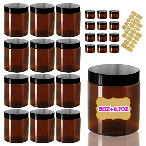 8oz Amber Plastic Jars with Lids 8 oz Plastic Containers with Lids + 20g Sample Containers (Set of 24) Airtight Container for Lip Scrub, Body Butters, Cream, Slime, Craft Storage - color: Brown, size: 8 OZ + Sample Jars