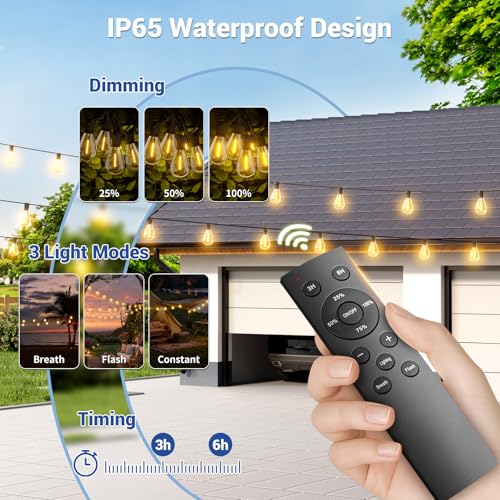 30FT Solar String Lights Outdoor Waterproof, 10+1 LED Solar Powered Lights with Remote Control, 3 Light Modes & Dimmable, USB-C Charging for Patio, Backyard, Garden, Camping - size: 30FT+Remote