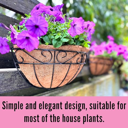 LaLaGreen Wall Hanging Planter, 2 Pack, 12 Inch Wall Mounted Flower Basket with Coco Liner for Outdoor Plants, Black Metal Wire Rail Herb Pot Holder Fence Railing Deck Porch Balcony Garden Patio Decor - size: 12" (30.5cm) x 2 Pack