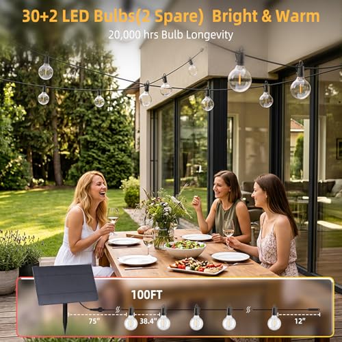 ZJOJO 100FT Solar Lights Outdoor Wateroproof, Solar String Lights with Remote USB Port 32 LED Shatterproof,Dimmable Outdoor Lights Long Last for Garden, Patio, Backyard, Yard, Camping Christmas Light - size: 100FT-30(Solar)