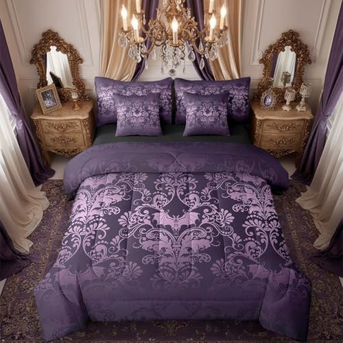 Erosebridal Gothic Damask Bed in a Bag Queen Comforter Set 7 Piece,Halloween Bat Bedding Sets Purple Victorian Floral Goth Sheet Set with Comforter - color: Multi 11, size: Queen(7-Pieces)