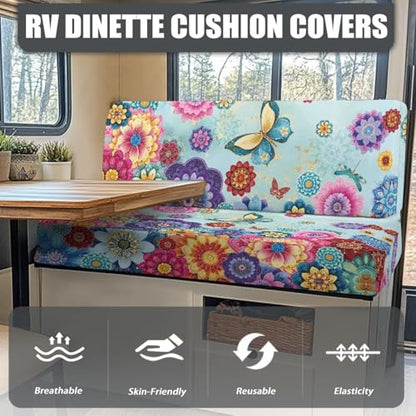 RV Cushion Covers Dinette Booth Seats Set, Colorful Bohemia Flower Butterfly Camper Cushion Covers Couch Cover 2 Cushion Slipcovers RV Sofa Cover for Dinette - color: Colorful Bohemia Flower Butterfly